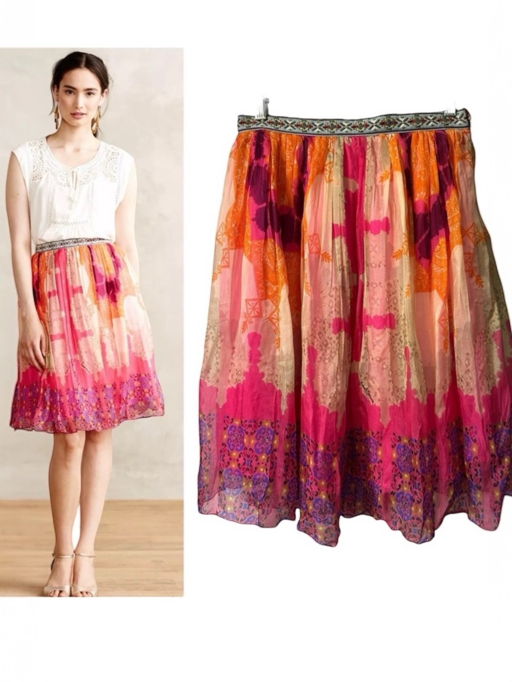 Anthropologie Hemant & Nandita Pink Orange Silk Flowy A-Line Skirt 8 M